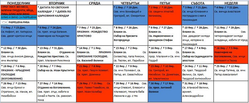 Календар януари 2026