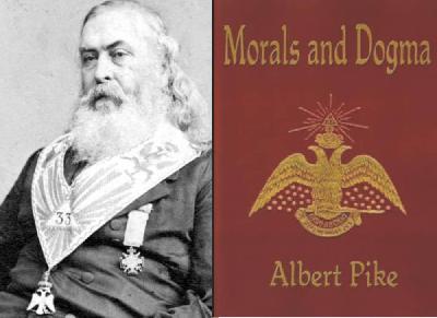 Албърт Пайк – черния папа на масонството и неговата сатанинска книга „Морал и догма“ и съответно неизменния символ на Стария приет шотландски ритуал – двуглавия орел