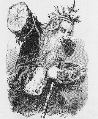 Father Christmas увенчан венком из падуба, держит посох, чашу с вассалом и несет Святочное полено