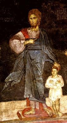 Господ Иисус Христос благославя свети Игнатий Богоносец. Фрагмент от стара сръбска стенопис