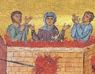 Мъченичество на светите Теодулия, Макарий и Евагрий. Фрагмент от миниатюра в стара ромейска минология (месецослов). Константинопол