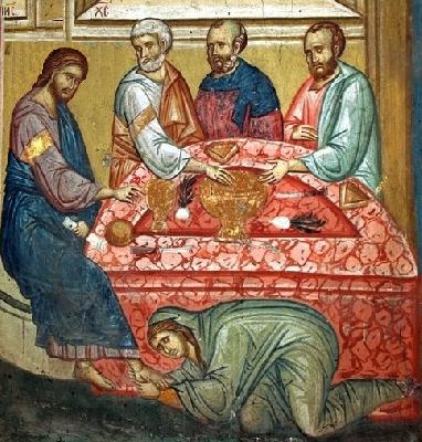 Помазване на Христос с миро от жената грешница в дома на Симон Прокажени. Фрагмент от стара стенопис. Косово. Сърбия