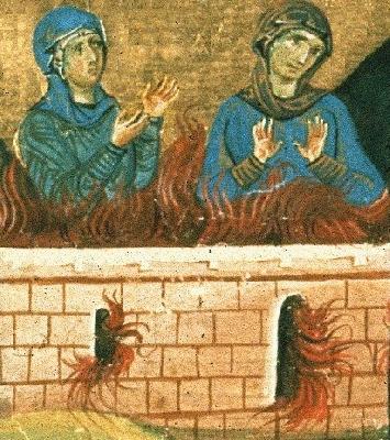 Мъченичество на светите мъченици Агапия и Ирина. Фрагмент от миниатюра в стара ромейска минология
