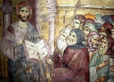 Спор на Господа Иисуса Христа с иудеите. Стара стенопис от селището Карея, което е административен център на Света Гора-Атон