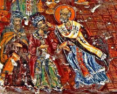 Свети Николай удря плесница на Арий по време на I-вия Вселенски Събор в Никея. Стенопис в манастира Панагия Сумела